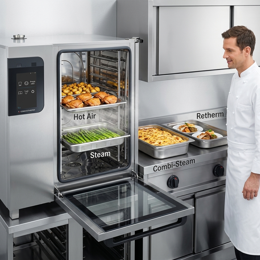 This image highlights the Convotherm Combi Oven's four versatile cooking modes, preparing a diverse array of dishes from roasting to steaming.