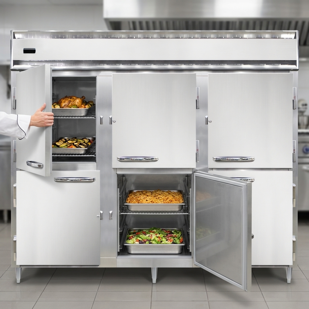 Experience ultimate storage efficiency with this extra-wide, three-section heated holding cabinet designed for generous capacity and easy reach-in access.