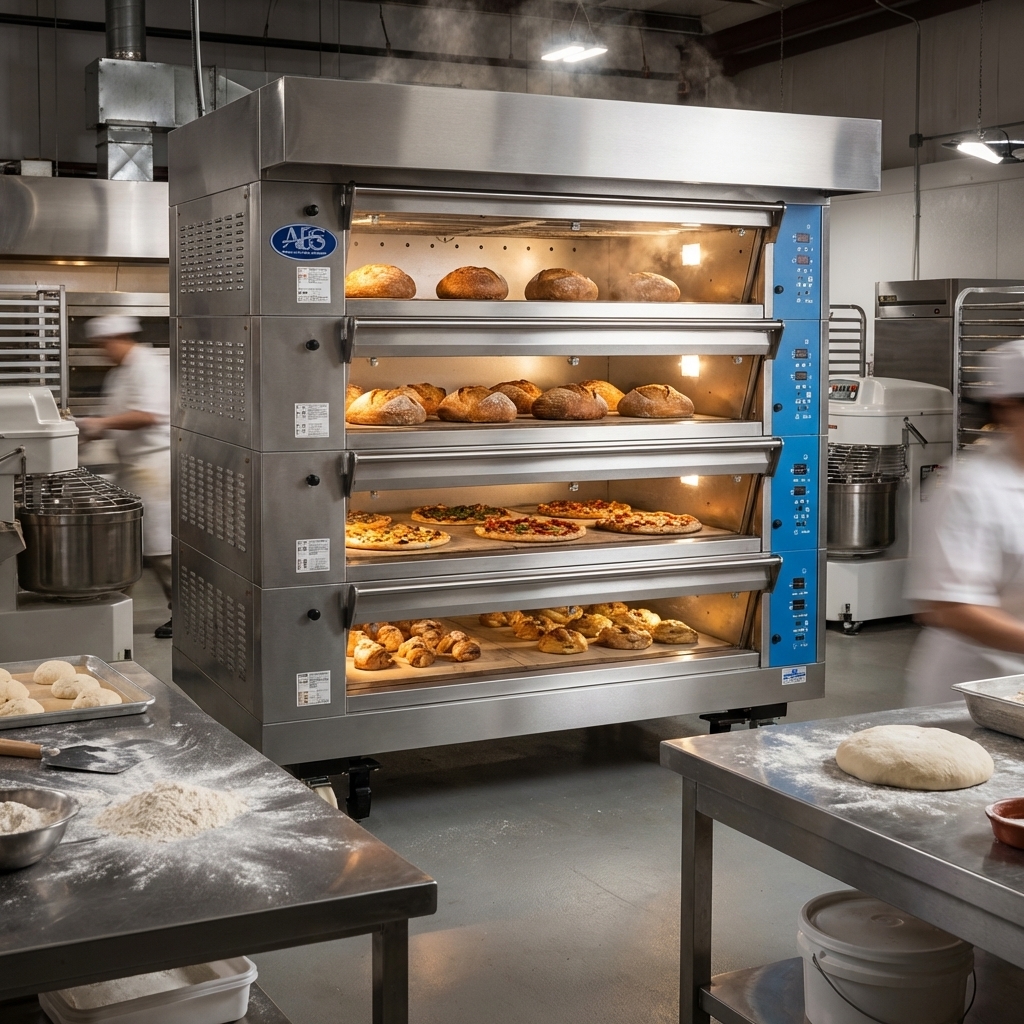 Maximize your bakery's production with the four independent decks of this high-capacity stone hearth oven.