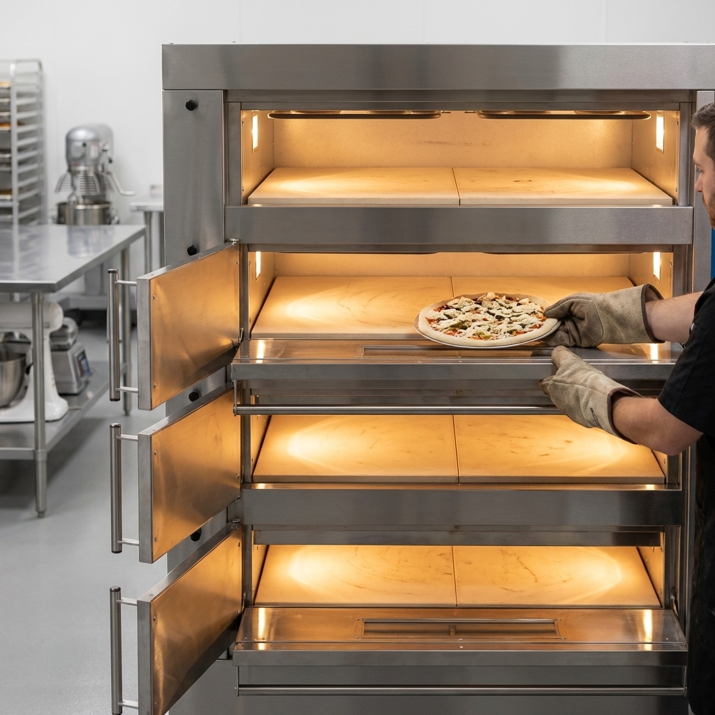 Experience traditional baking results with the oven's durable ceramic stone hearths, perfect for achieving crispy crusts on artisan breads and pizzas.