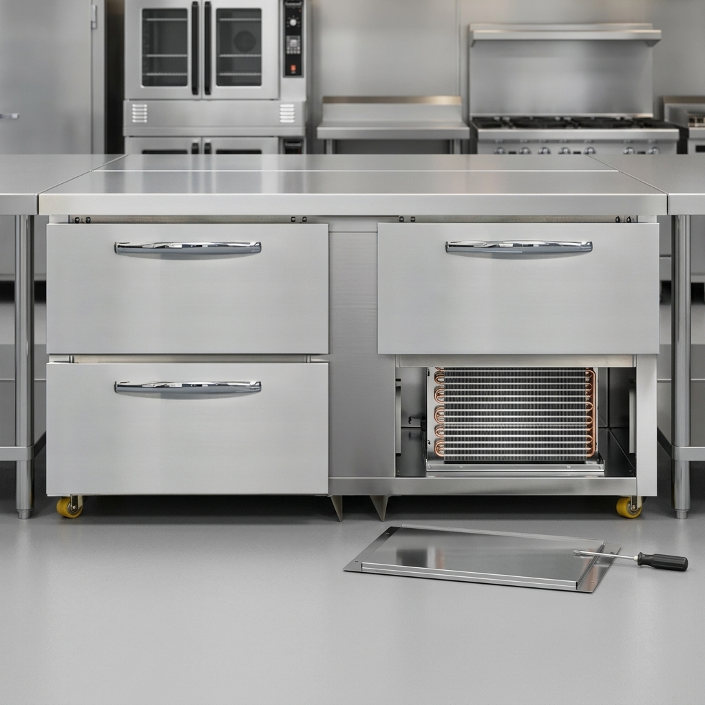 A detailed view highlights the undercounter freezer's durable, non-corrosive plasticized fin evaporator coil, ensuring long-lasting performance.