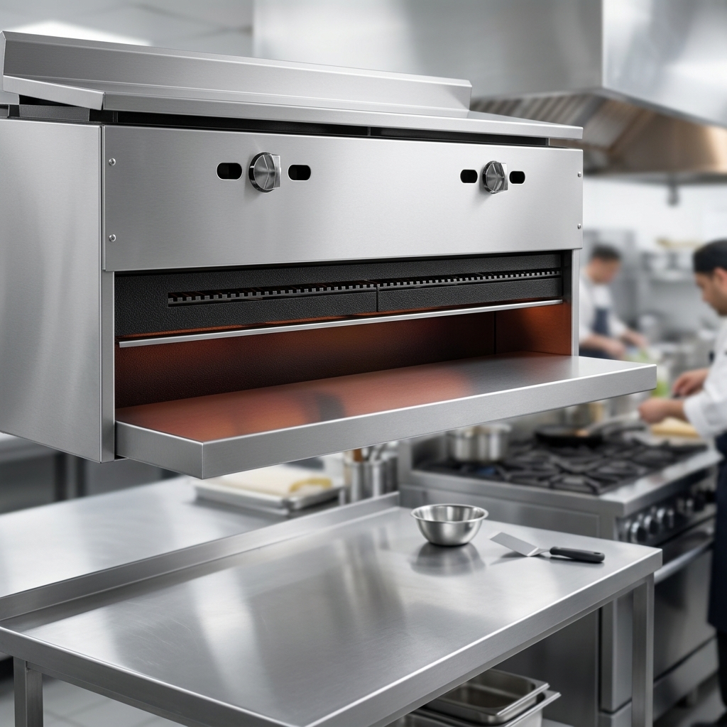 This image highlights the cheesemelter's 2-inch thick insulated bottom shelf, engineered for superior heat retention and energy efficiency.
