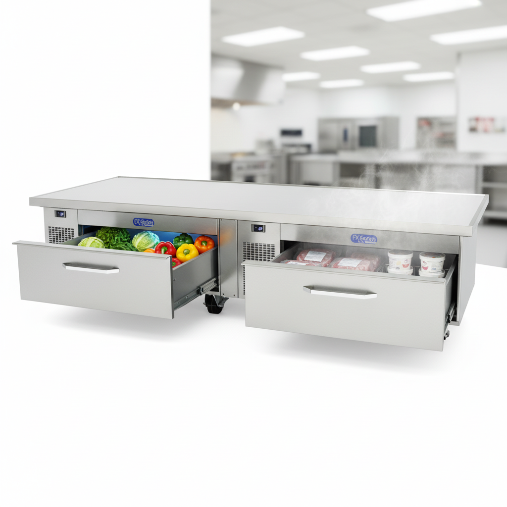 Showcasing flexible temperature control, this chef stand features two drawers that operate independently as a refrigerator or freezer.