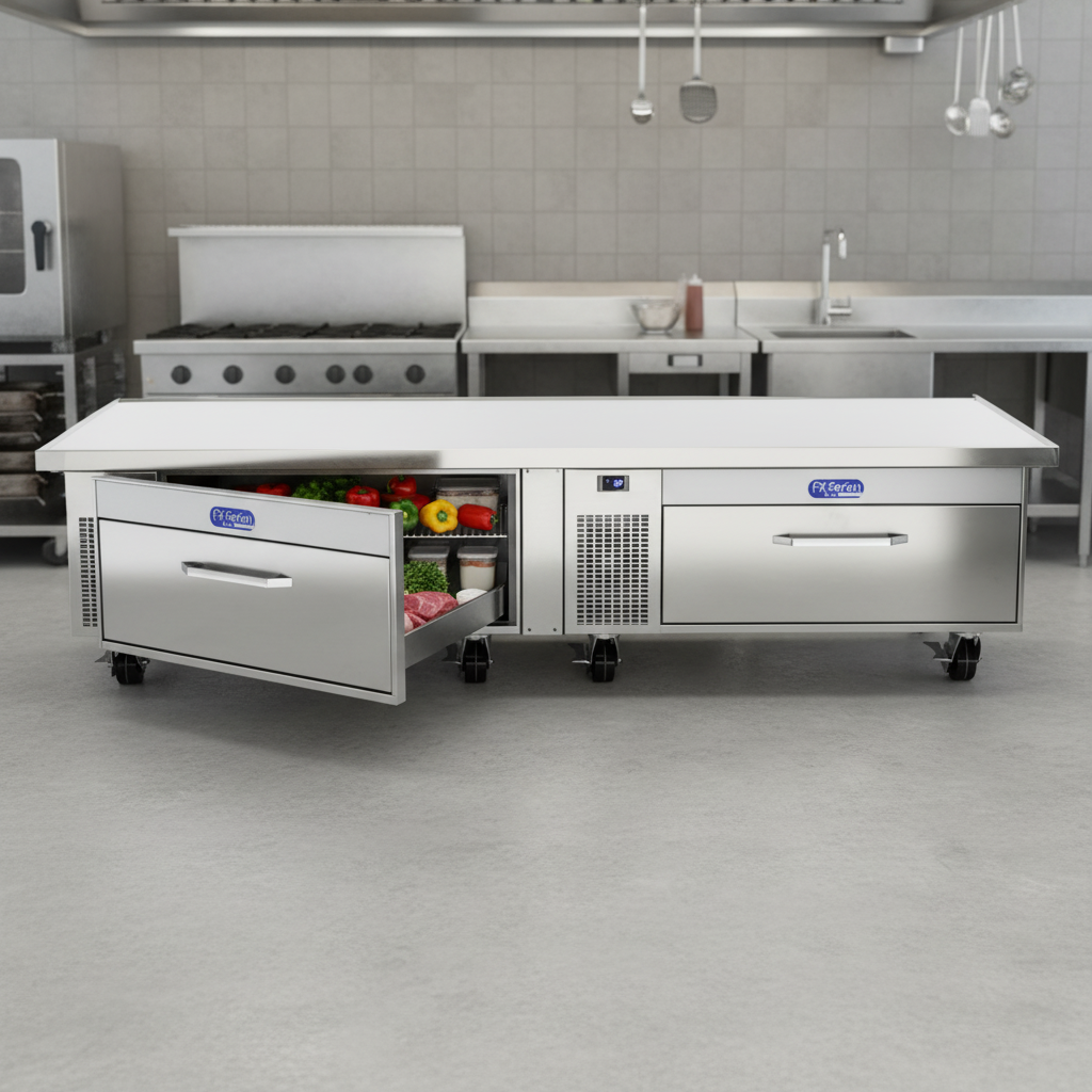 This versatile chef stand features two independent refrigeration systems, ensuring optimal and dedicated temperature control for each drawer compartment.