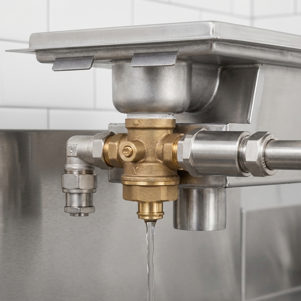 This image highlights the integrated mechanical water tempering valve and sensor, ensuring automatic waste water temperature regulation without electrical connections.