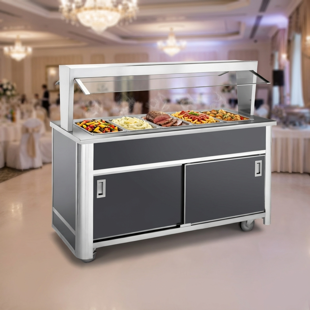 This mobile buffet hot food serving counter prominently displays its five spacious wells, perfect for holding a diverse array of hot dishes in a busy commercial setting.