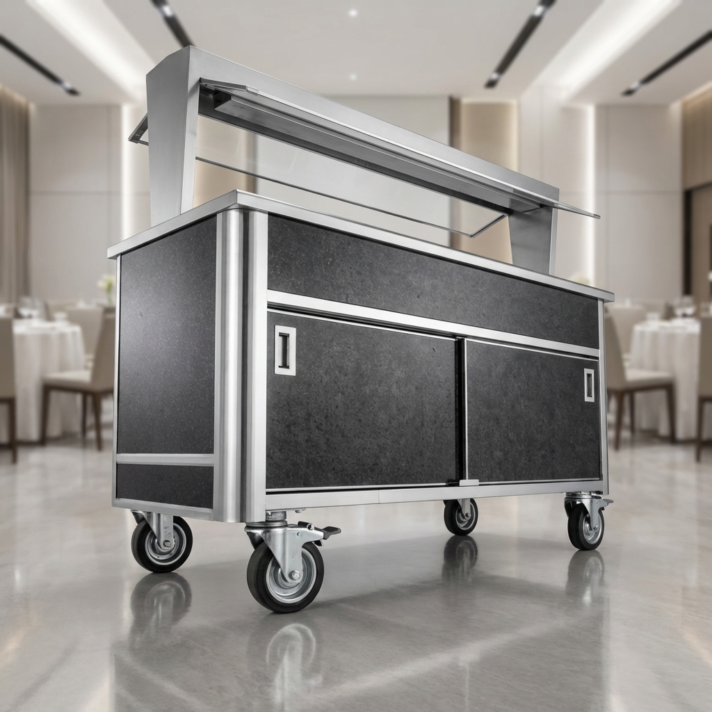 Effortlessly position your hot food serving counter with its robust 5-inch heavy-duty swivel casters, clearly shown with engaged brakes for secure placement.