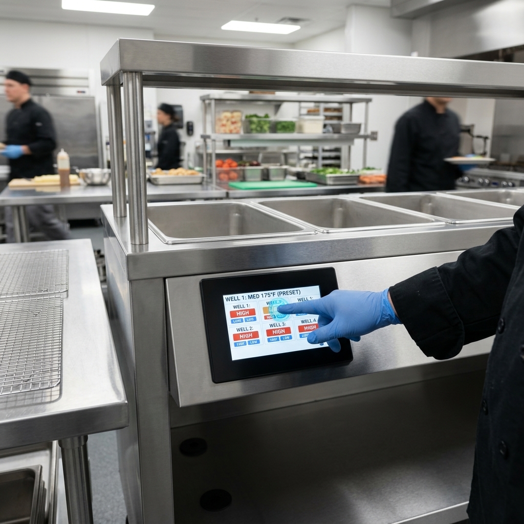 Effortlessly manage food temperatures with the hot food well unit's intuitive central touch screen controls.