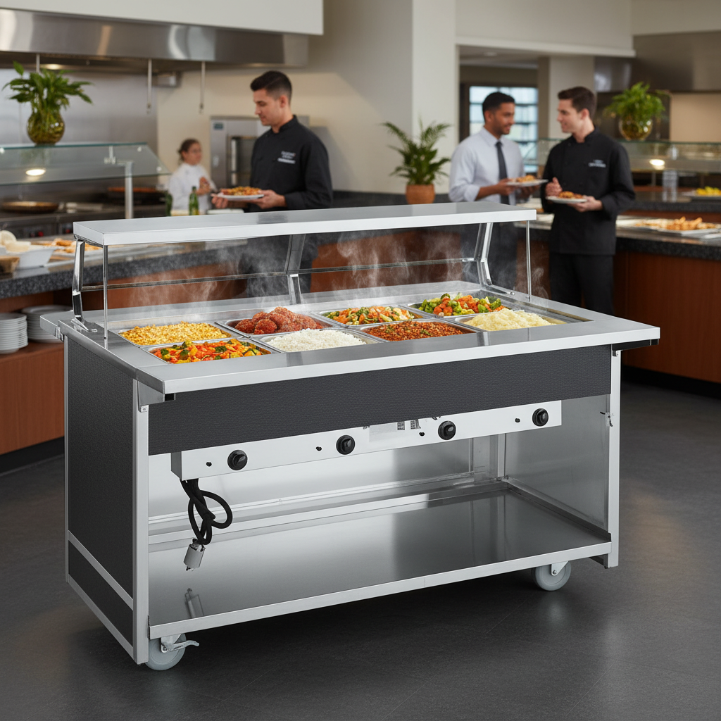 Showcasing generous capacity, this mobile serving counter features six full-size hot food wells designed to keep a variety of dishes warm and ready.