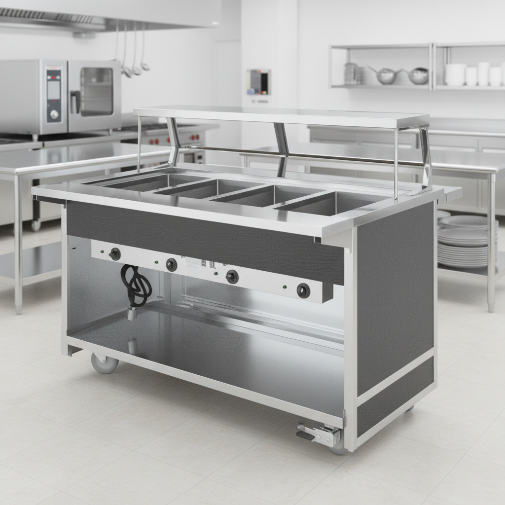 Effortlessly reposition and securely lock this hot food serving counter in any commercial setting, thanks to its durable 5-inch swivel casters.