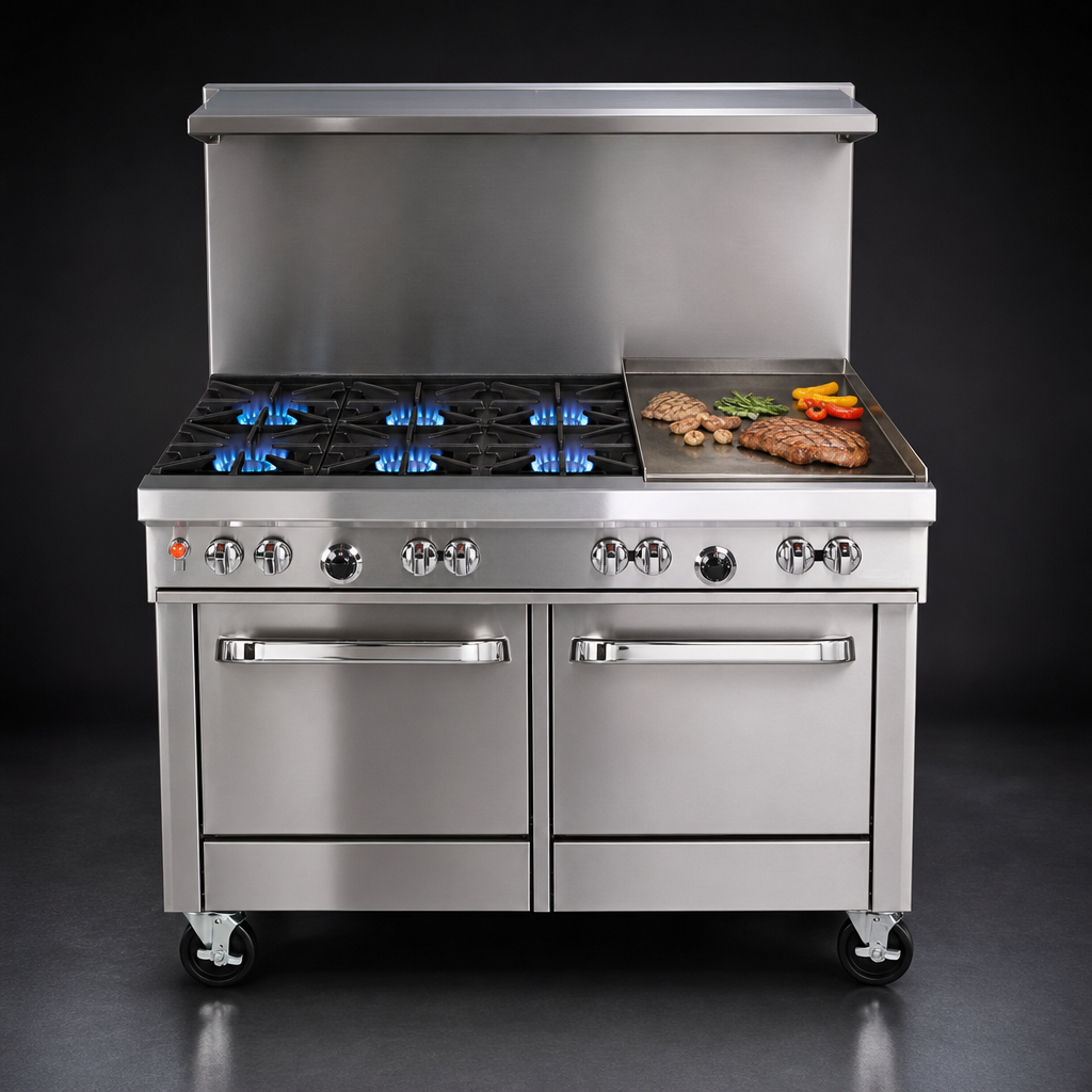 Four Non-Clog Burners And Griddle Top