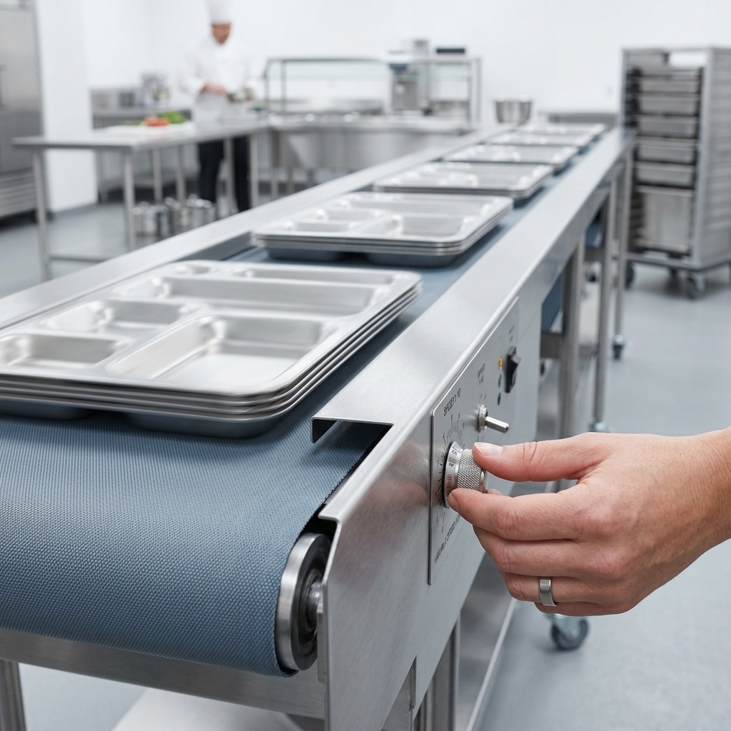 Effortlessly adjust the conveyor belt speed with precision for optimized tray make-up efficiency.
