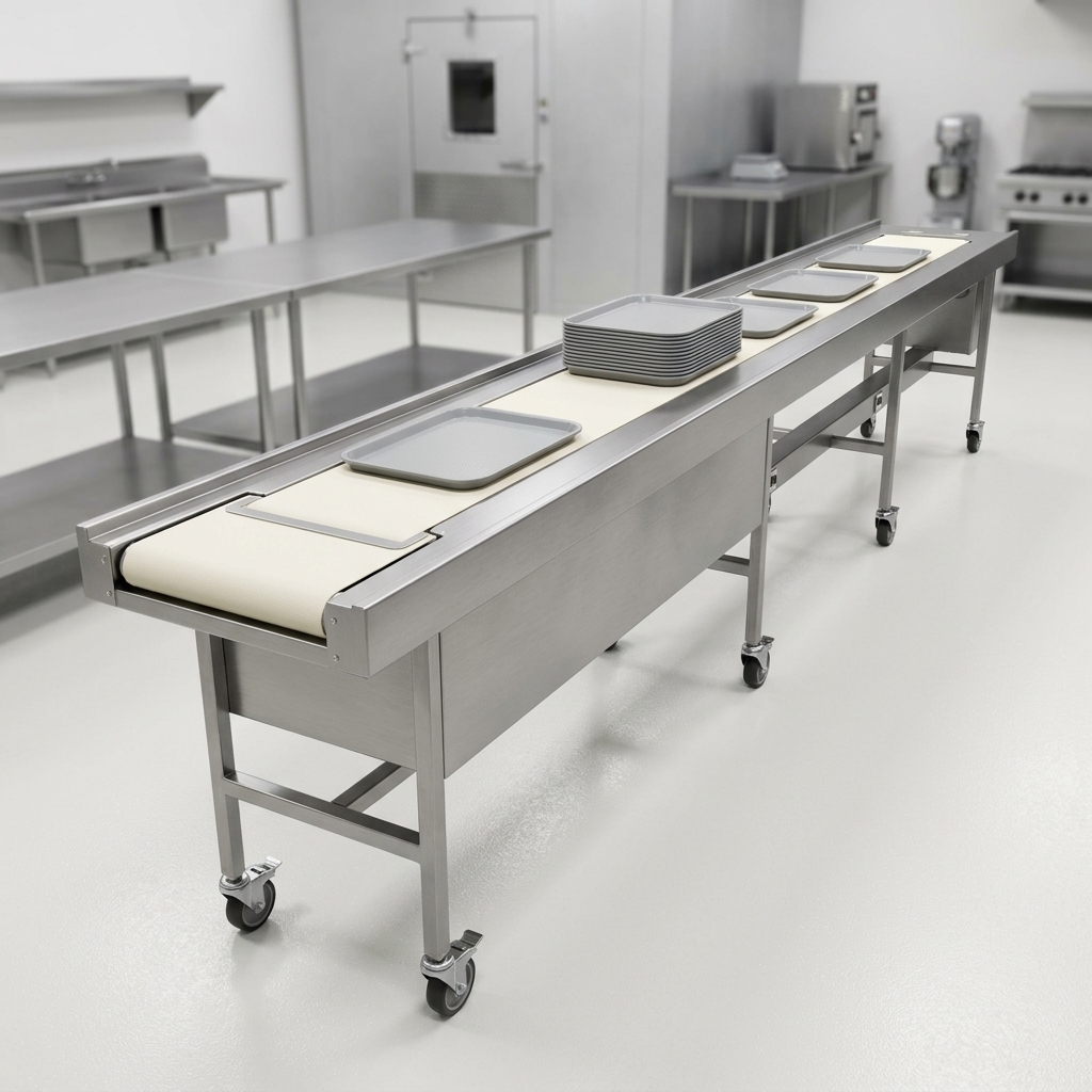 Observe the pristine, FDA-approved fabric belt of this variable speed tray make-up conveyor, designed for hygienic food service.