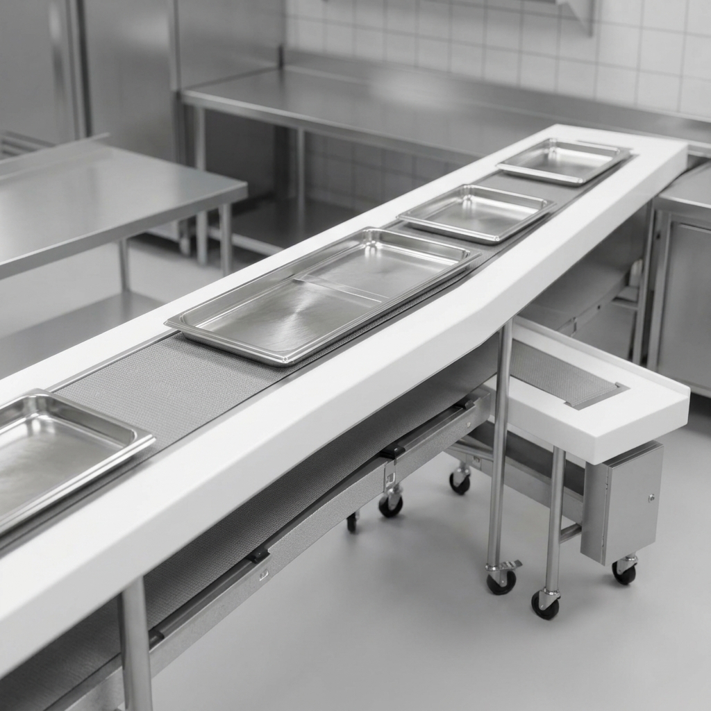 Experience a smooth and consistent tray make-up process with the conveyor's innovative 'Air Glide' slider pan for effortless movement.