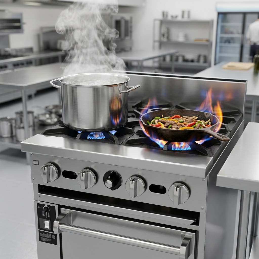 Achieve rapid cooking results with the powerful 30,000 BTU open burners, seen here boiling and searing with intense heat.