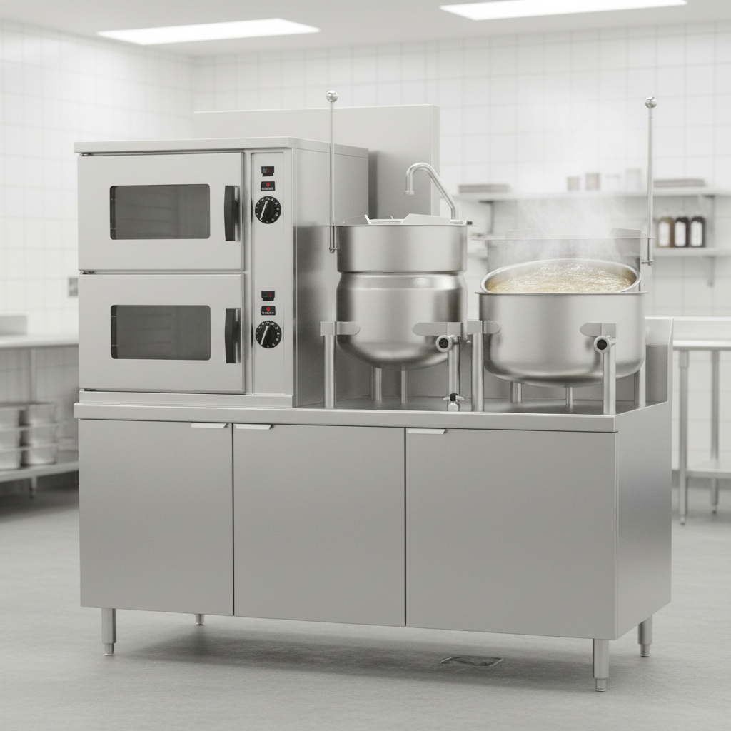 This image showcases the Crown GCX-10-6-10 convection steamer, featuring versatile integrated 6-gallon and 10-gallon kettles for diverse kitchen tasks.