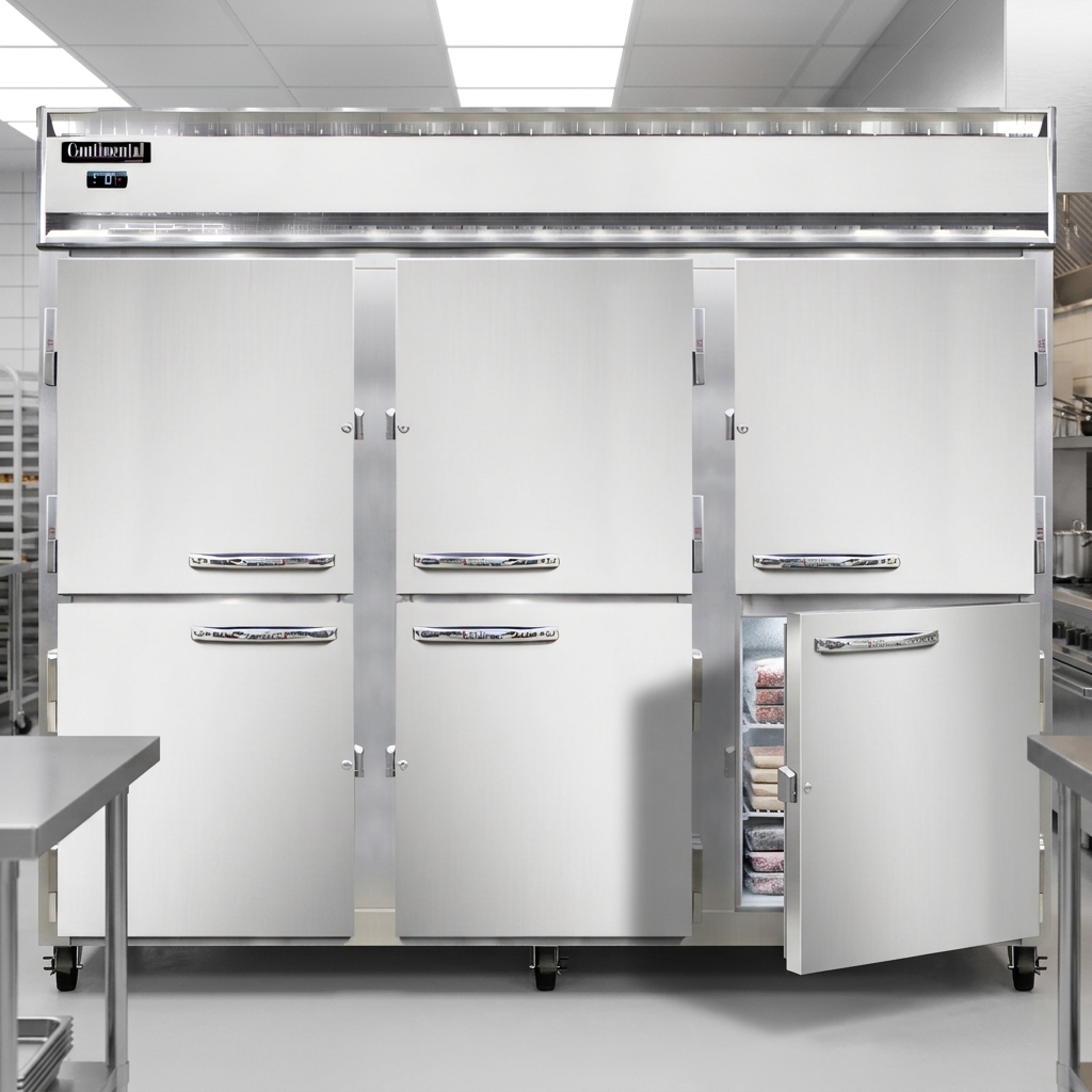 Minimize cold air loss and enhance security with this commercial freezer's energy-efficient half-height solid doors, each equipped with a cylinder lock.