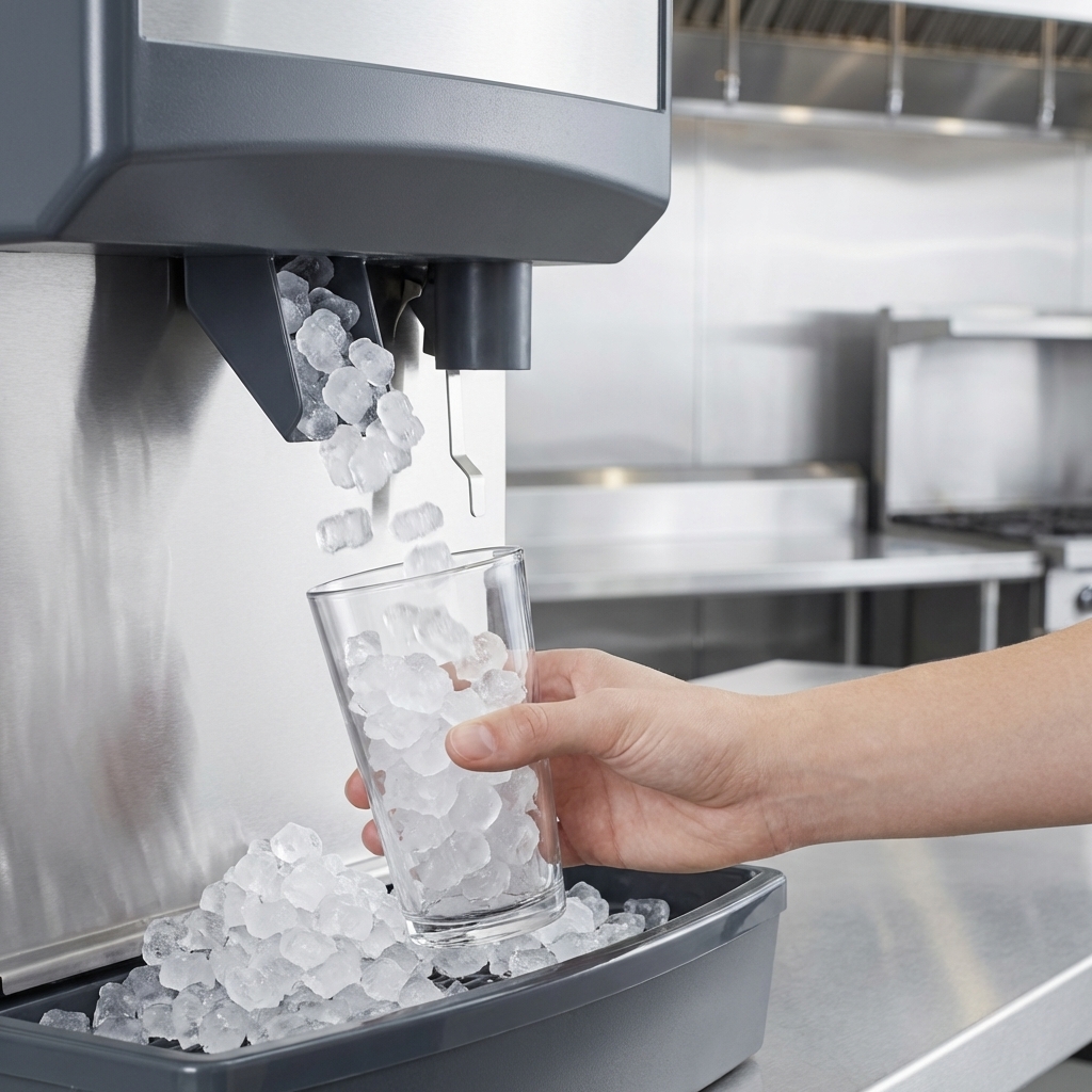 Experience the continuous production of soft, chewable Chewblet® nugget ice from this efficient countertop dispenser, ready for any commercial setting.