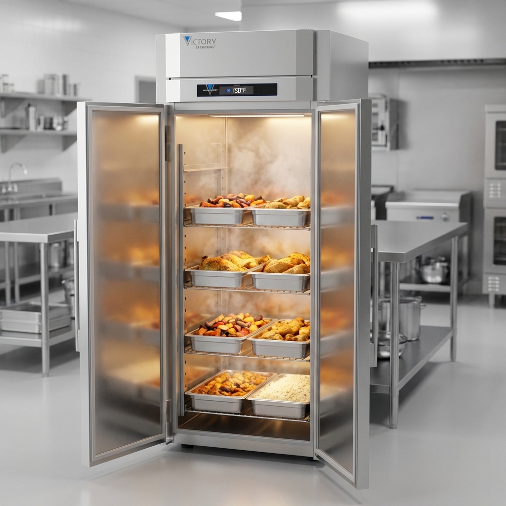 Experience consistent heating and superior temperature control with the V-Core™ Powered Victory UltraSpec Roll-Thru Heated Cabinet, ensuring every dish is served perfectly warm.