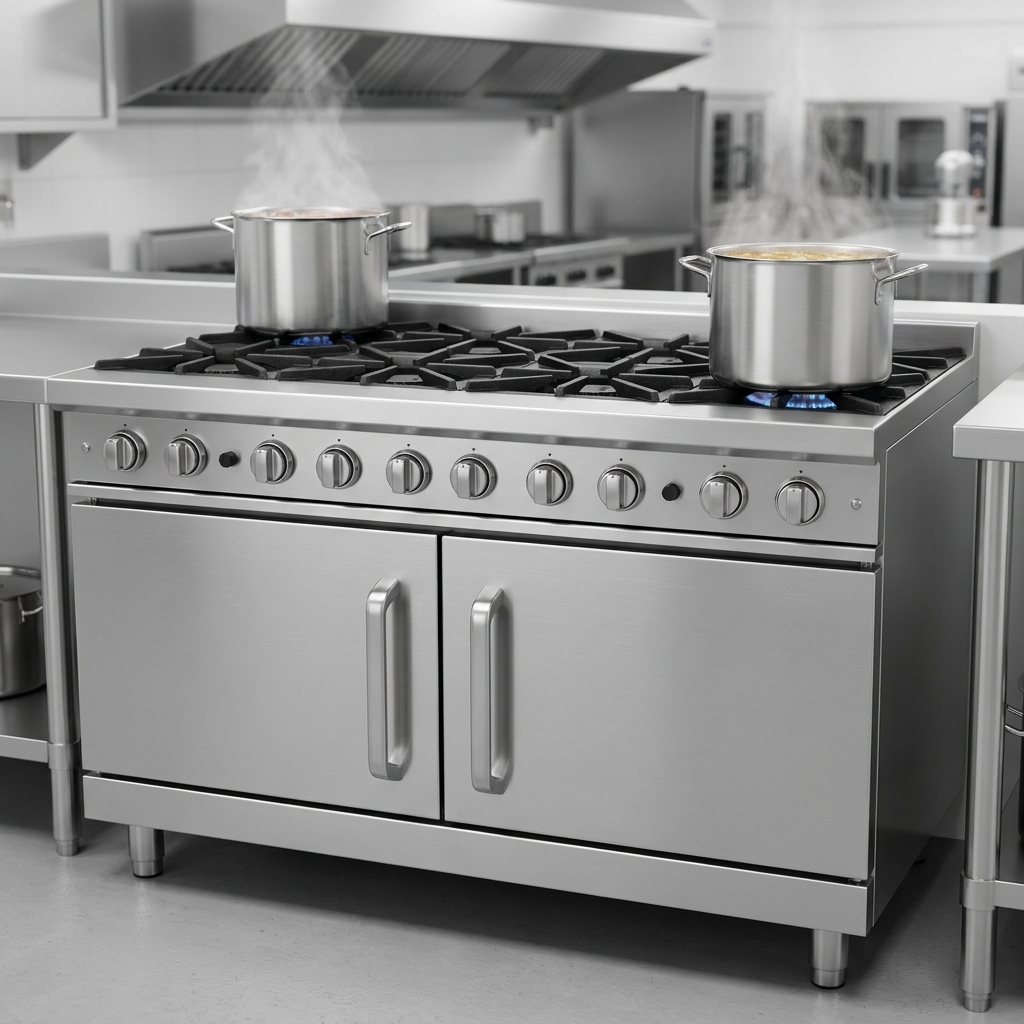 This gas range is built with heavy-duty construction and robust materials, ensuring exceptional durability and long-lasting performance in any demanding commercial kitchen.