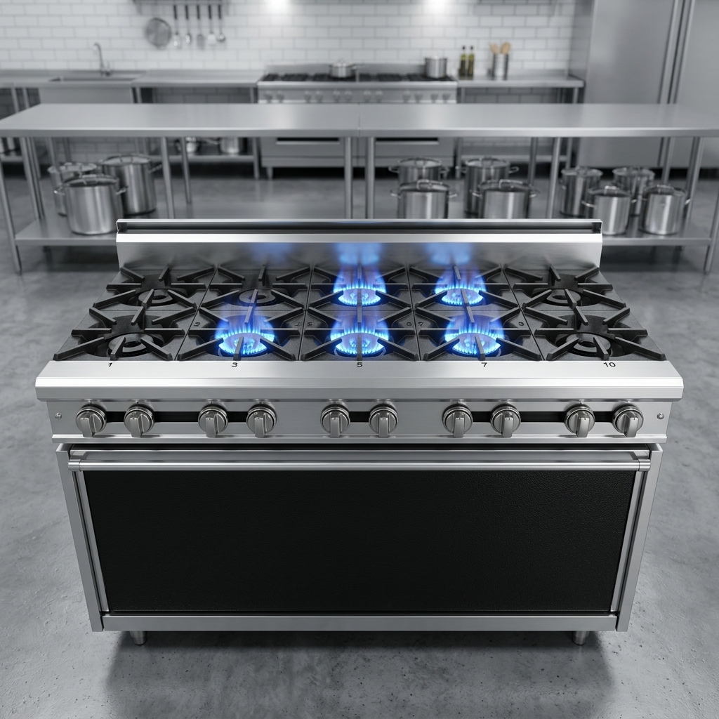 This image showcases the Titan 60-inch heavy-duty gas range with all ten high-performance open burners actively demonstrating powerful and consistent heat for demanding commercial kitchens.