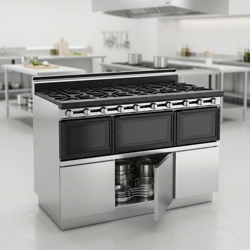 This heavy-duty gas range features a practical cabinet base, offering convenient enclosed storage for your kitchen essentials.