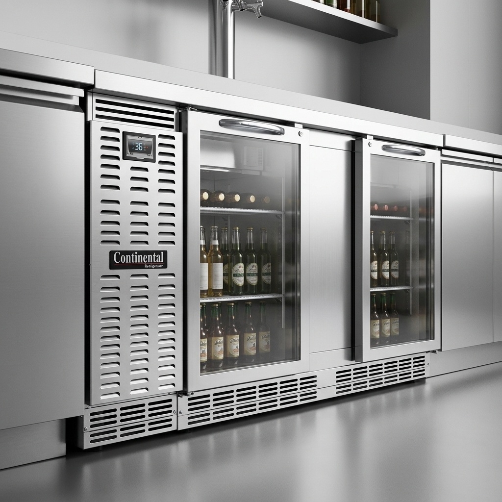 Experience optimal performance and versatile placement with the Continental Refrigerator's front-breathing refrigeration system, perfect for tight bar layouts.