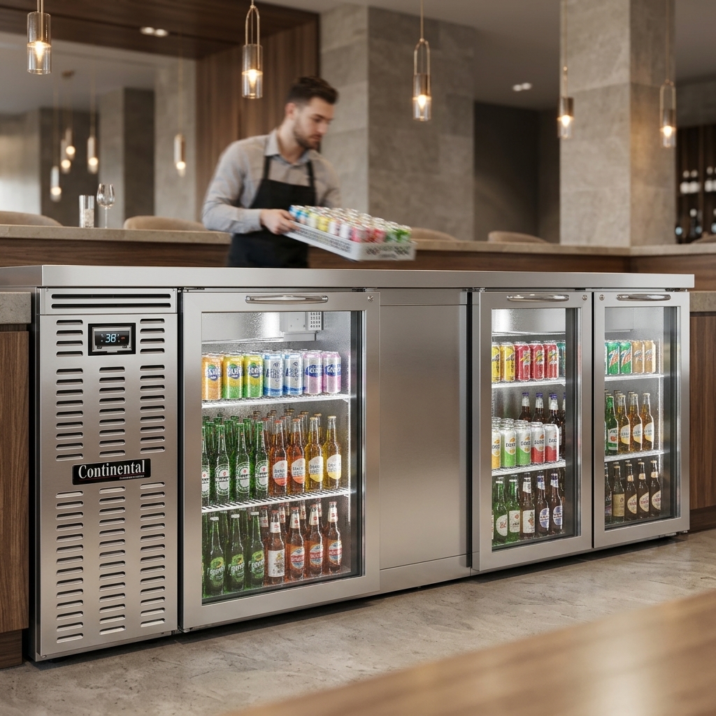 This back bar cooler keeps beverages perfectly chilled using an environmentally safe, high-efficiency R-290 natural refrigerant, promoting sustainability and performance.
