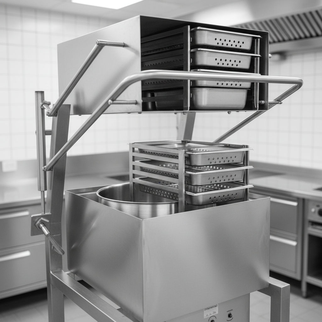 Observe the gleaming 304 stainless steel food contact zone, engineered for superior hygiene and long-lasting durability in any commercial kitchen.