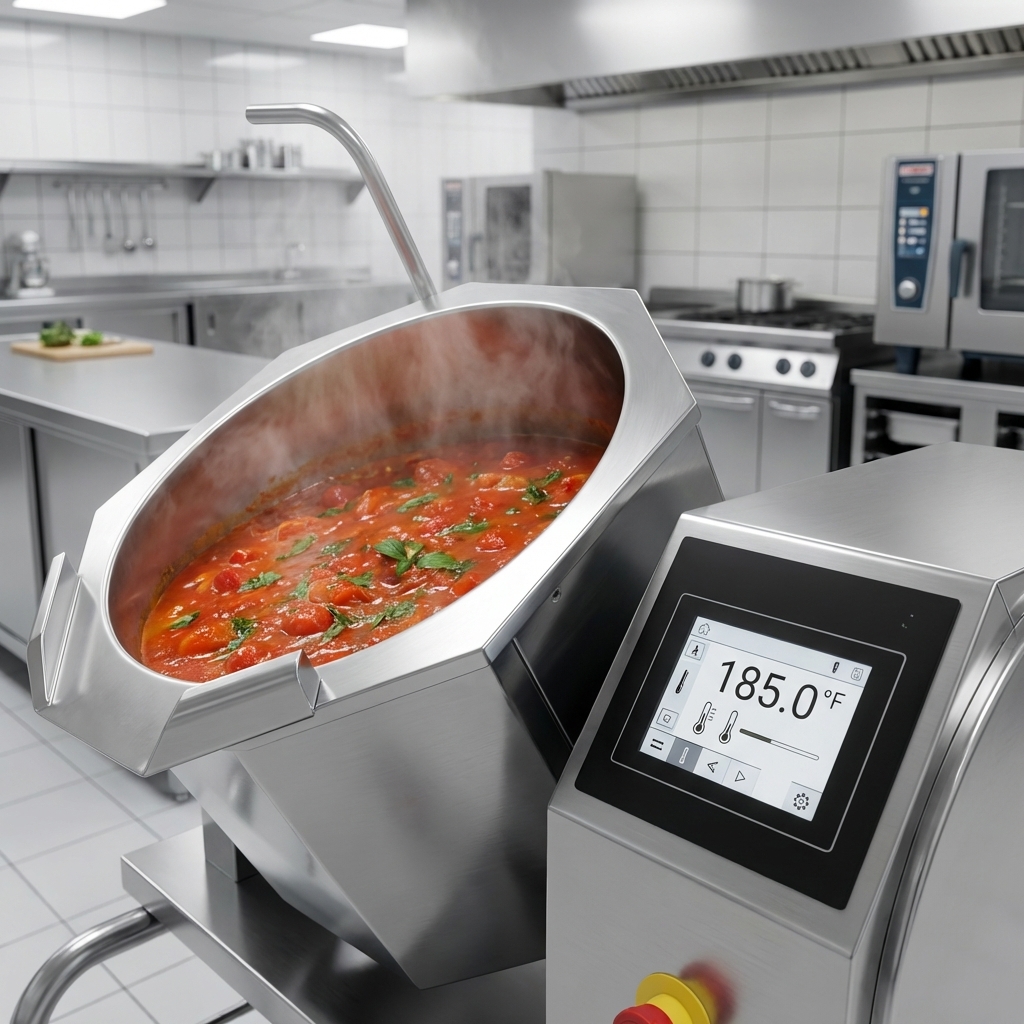 This image showcases the Cucimix braising pan's precise temperature control, ensuring perfectly consistent cooking results every time.