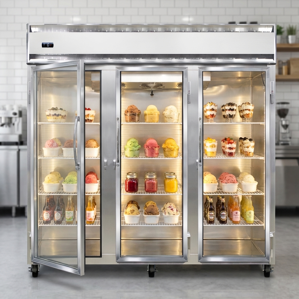 This image highlights the display freezer's narrow hinged glass doors, perfectly designed for attractively showcasing products in any commercial setting.