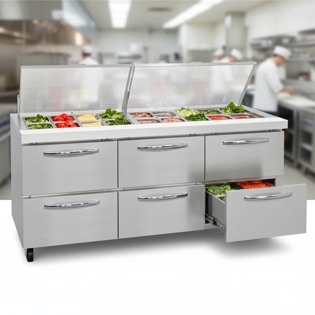 This image showcases the sandwich prep unit's performance-rated refrigeration system, keeping all ingredients consistently fresh and perfectly chilled for optimal quality.