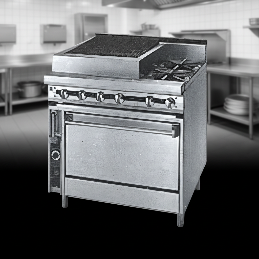 This image showcases the Titan gas range's exceptional strength and longevity, built with heavy-duty, all-welded construction for demanding commercial use.