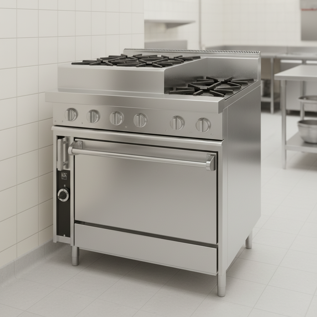 Showcasing its pristine stainless steel exterior, this heavy-duty gas range offers durability and a professional look for any commercial kitchen.