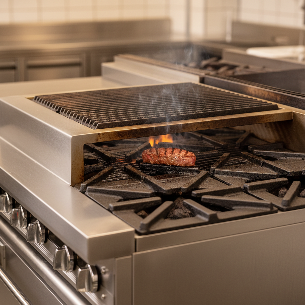 Experience superior grilling with the 18-inch charbroiler section, featuring heavy-duty cast iron grates and built-in grease guides for efficient cooking.