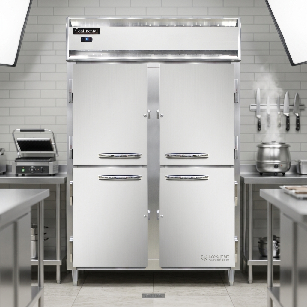 This sleek reach-in freezer utilizes environmentally friendly hydrocarbon refrigerant for efficient and responsible cooling in any commercial kitchen.