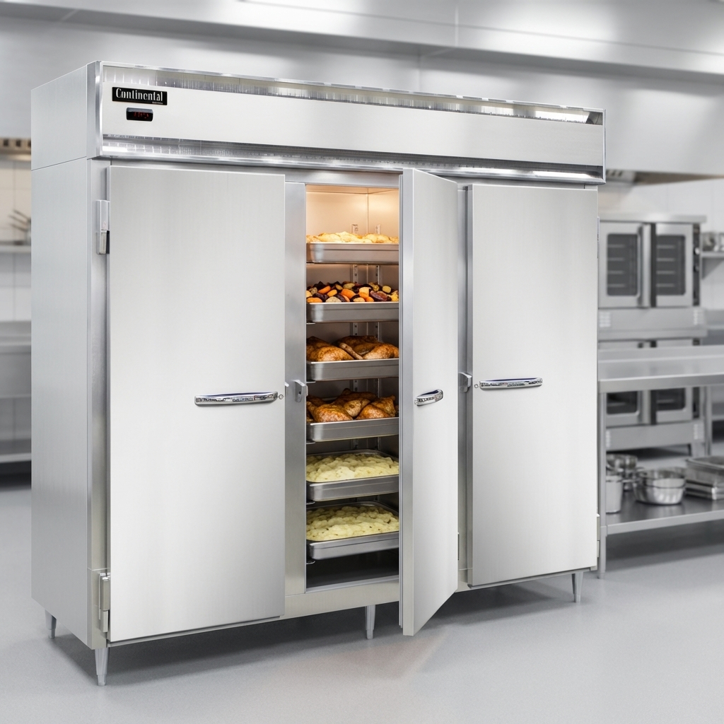 Showcasing its impressive 75 cu. ft. capacity, this extra-wide three-section heated holding cabinet provides ample space and organized storage for any busy kitchen.