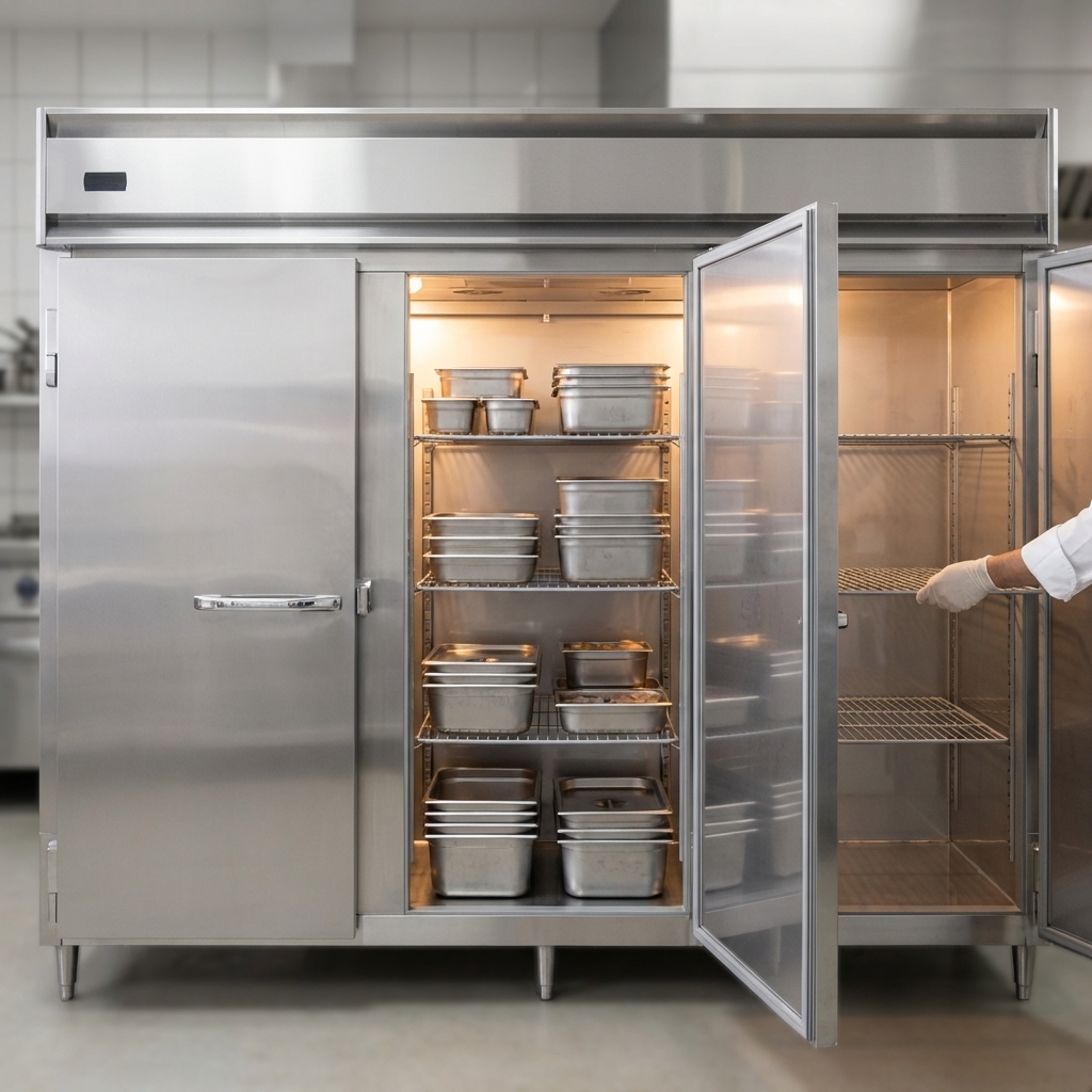 This image showcases the versatile adjustable shelving within our extra-wide three-section heated holding cabinet, designed to accommodate all your culinary needs.