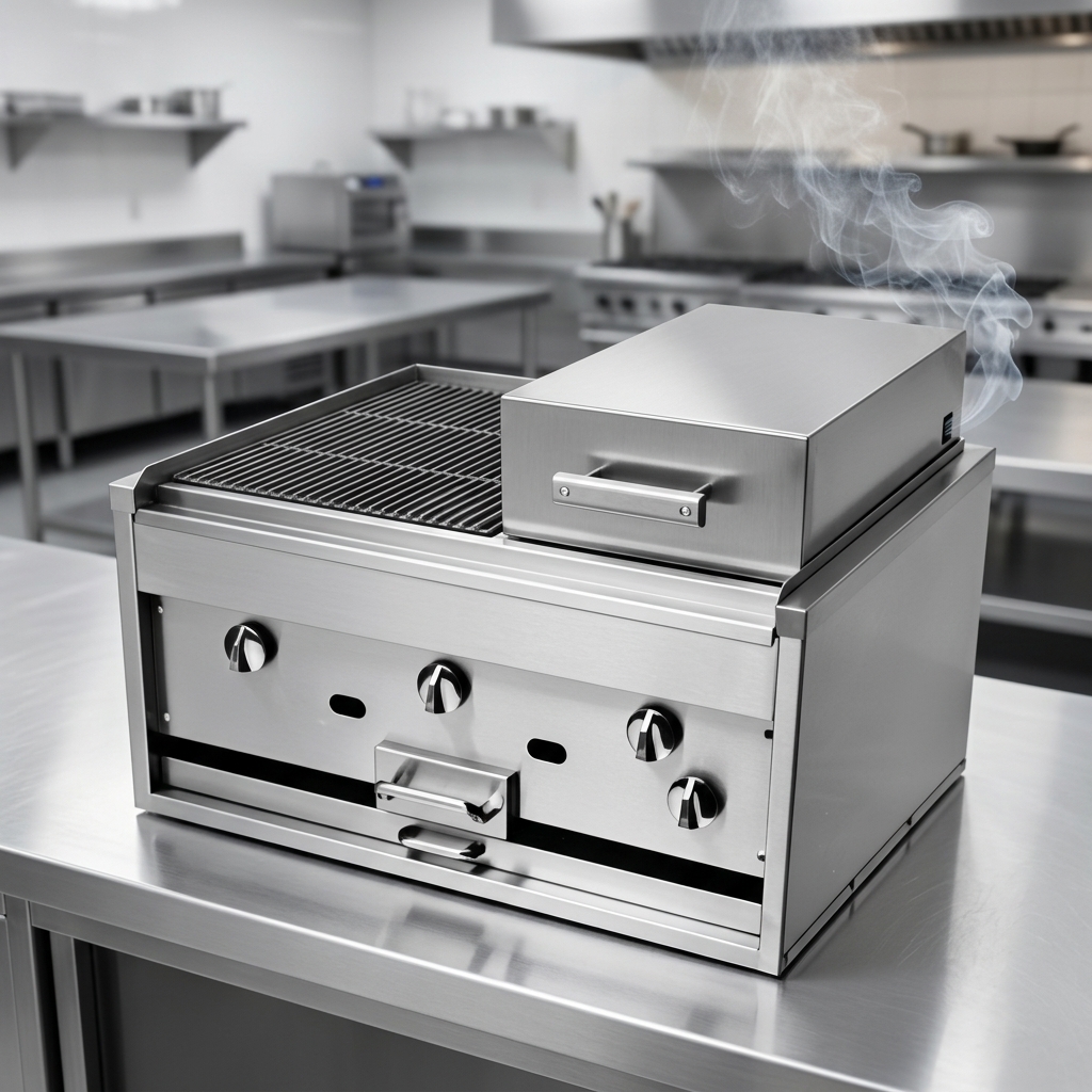 This image showcases the Titan KC-36-RAD broiler's innovative Smoke-Ejector System, demonstrating its capability for effective cold smoking.