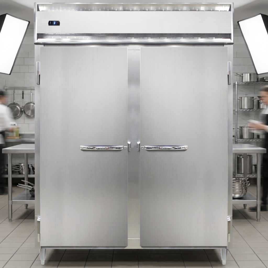 This two-section reach-in freezer features robust stainless steel construction, ensuring durability and easy cleaning in demanding commercial environments.