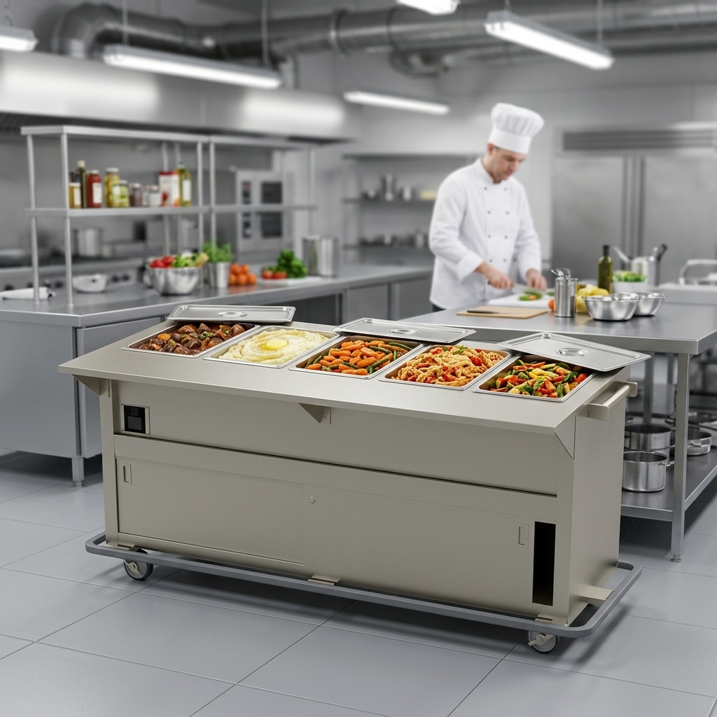 This image showcases the Thurmaduke 5-Well Portable Hot Food Steamtable operating efficiently in a commercial kitchen, highlighting its convenient waterless design that eliminates the need for a water connection.