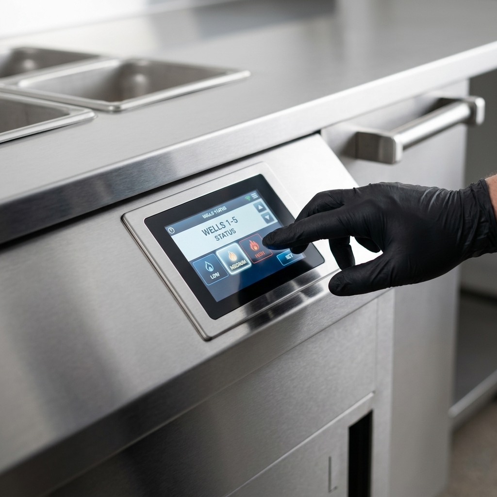 Experience precise temperature management with the intuitive programmable touchscreen control of this 5-well hot food steamtable.