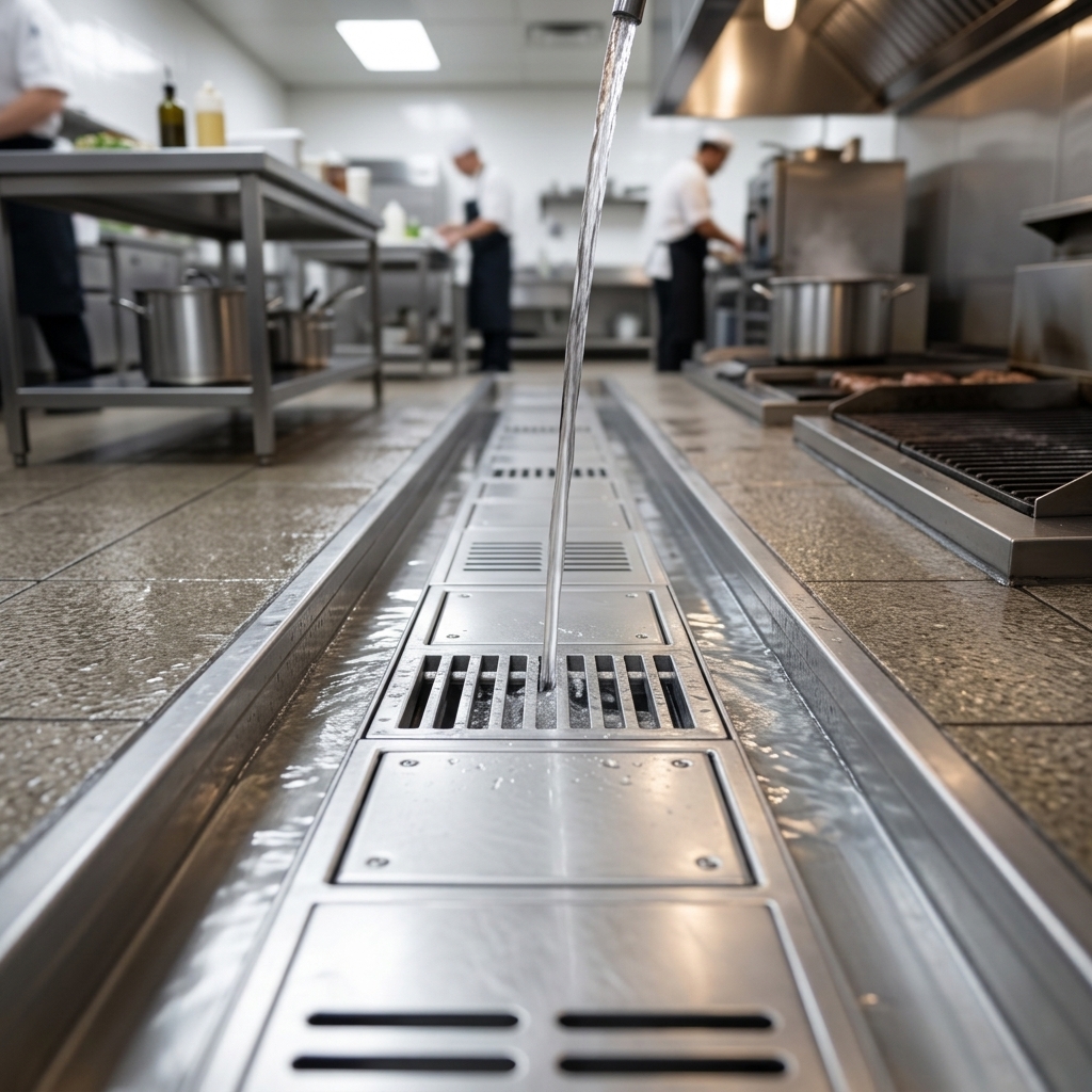 Observe the controlled, anti-splash design of this wide trough floor drain, keeping your commercial kitchen environment cleaner and safer.