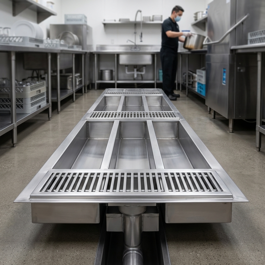This image showcases the floor drain water tempering system's heavy-duty 14-gauge, 304 stainless steel construction, ensuring exceptional durability in commercial settings.