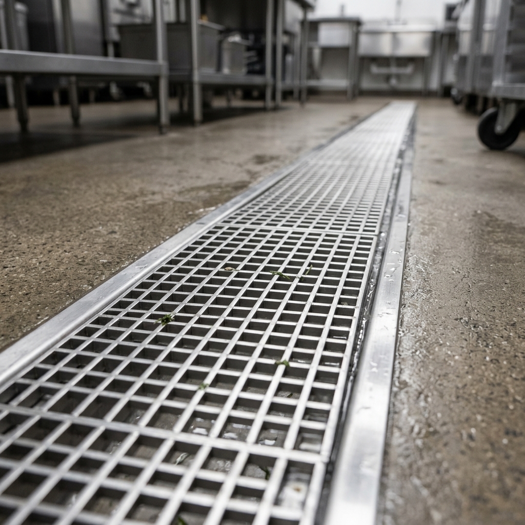 This image highlights the durable subway-style grating, designed for secure walking and effective debris filtration in busy commercial kitchens.