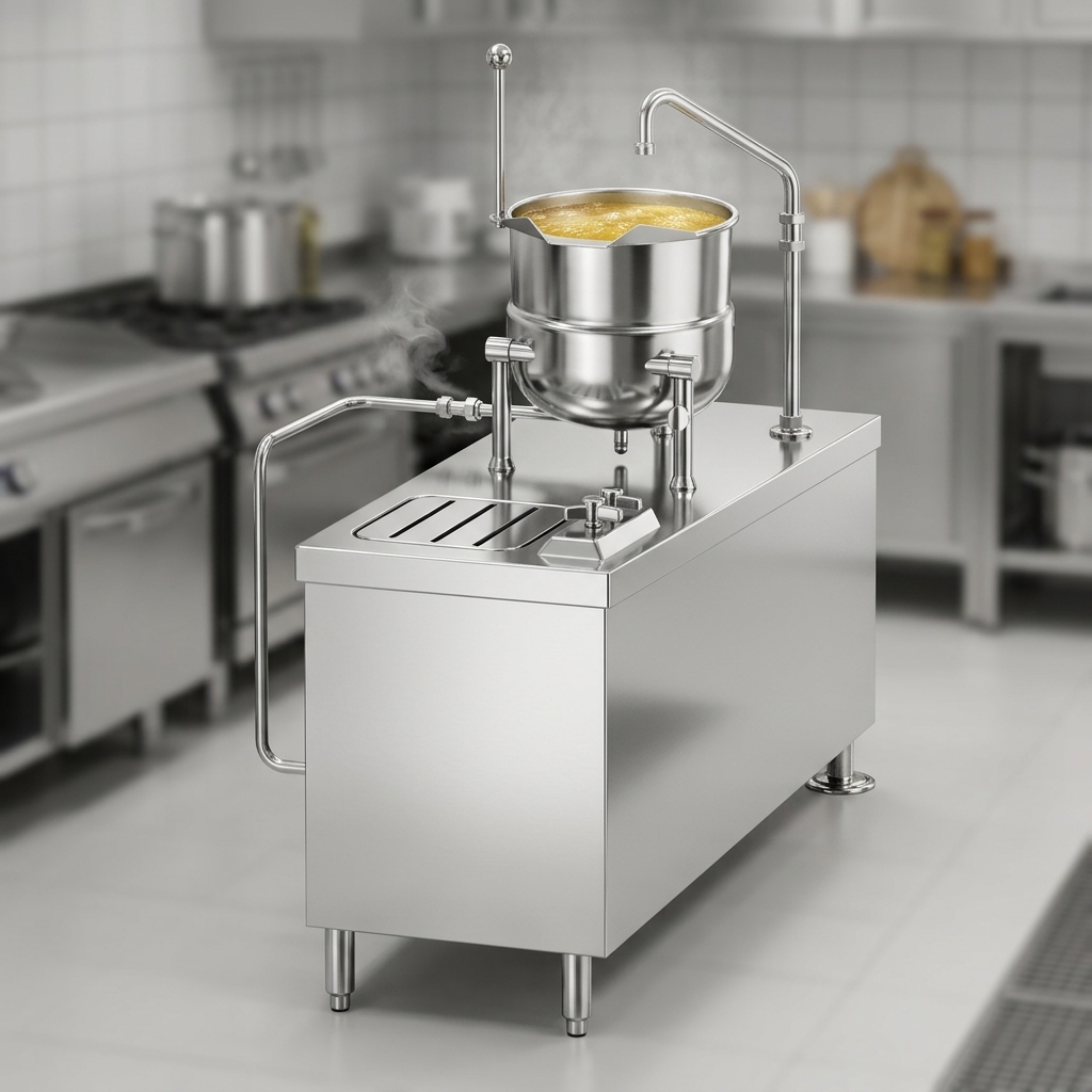 This image highlights the kettle's direct steam operation, providing efficient and even heating for high-volume cooking.