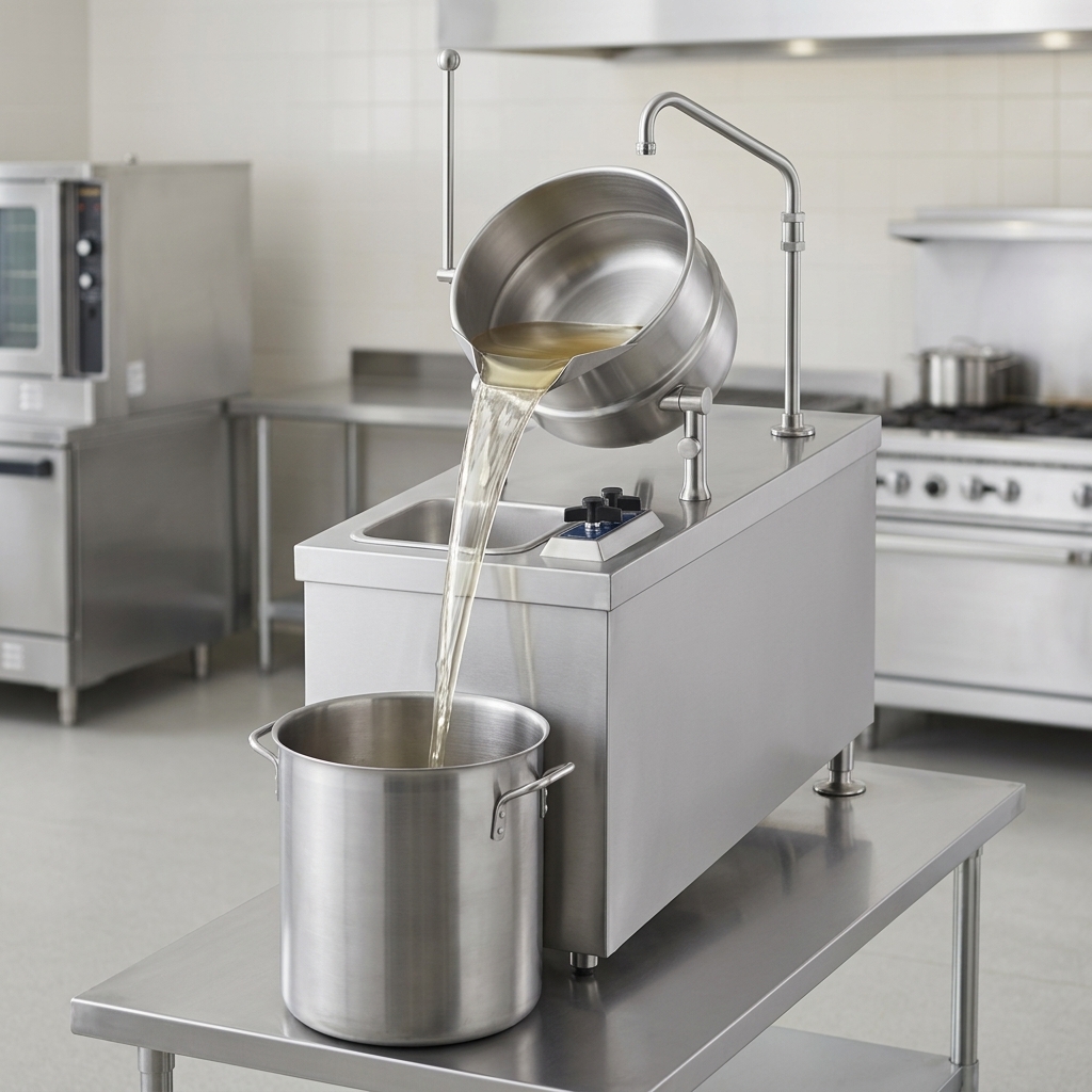 This image beautifully demonstrates the 10-gallon tilting kettle's design, engineered for effortless pouring and efficient kitchen operations.