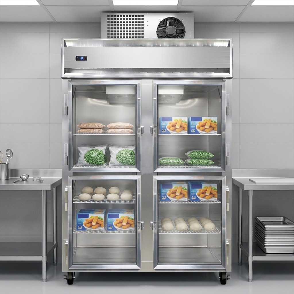 Experience easy installation and maintenance with the top-mounted, self-contained refrigeration system of this two-section display freezer.