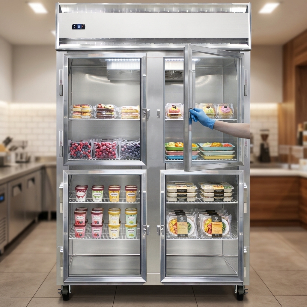 Showcasing excellent product visibility, these narrow hinged glass half doors minimize cold air escape for optimal energy efficiency.