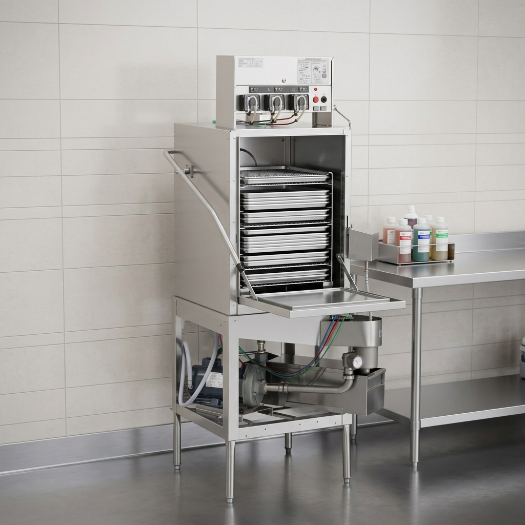This image showcases the American Dish Service AFB dishmachine delivering perfectly sanitized bakery items using energy-efficient low-temperature chemical sanitizing.